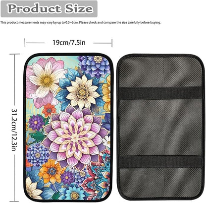 UNICEU Car Center Console Armrest Cover Pad for Women, Boho Flowers Bright Blossom Auto Interior Decor Neoprene Car Armrest Box Protector Cover