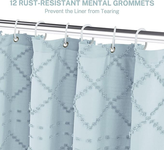 Siiluminisoy Extra Long Fog Blue Boho Shower Curtain - Woven Fabric, 72 x 84 Tufted Chevron Textured Striped Modern Farmhouse Minimalist Cloth Shower Curtain for Bathroom