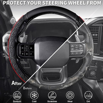 CAR PASS Leather Rubber Steering Wheel Cover Combo Set Universal Fit for Truck SUV Car Ram F150 Tundra 4Runner Tacoma Mobile Phone Holder Anti-slip Heavy Duty Tire Tread Large-size 15.5"-16" Black Red