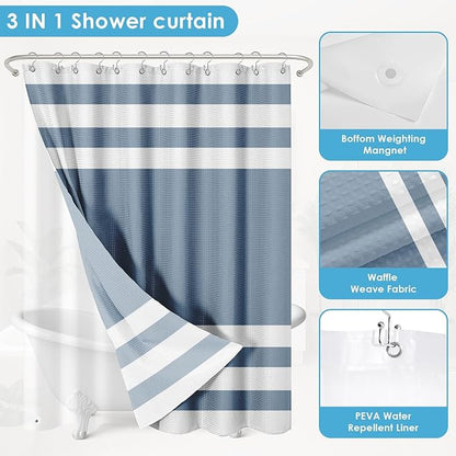 Nesphy Shower Curtain and Liner, Blue Striped 3 in 1 Shower Curtain and PEVA Liner Set with 12 Rust-Resistant Metal Hooks, Waterproof Fabric Shower Curtains for Bathroom, 72 W x 72 H