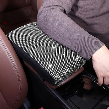 Bling Car Armrest Cover with Memory Foam Cushion Pad & Rhinestones, Universal Diamond Center Console Cover for Cars, Bling Middle Console Cover, Bling Car Accessories for Women, White