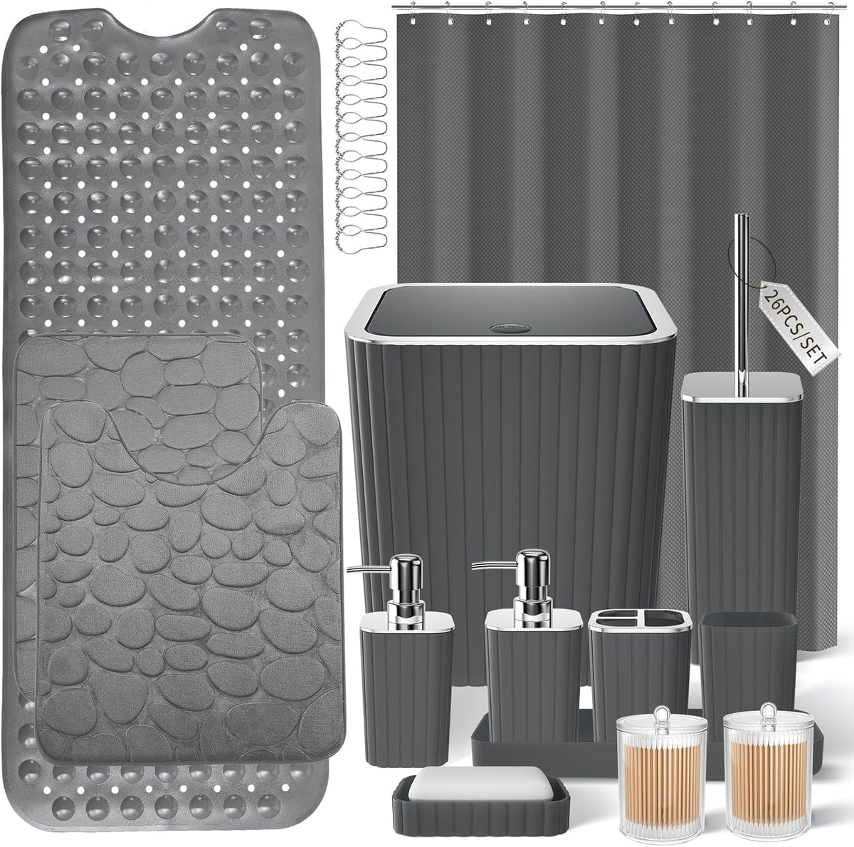 26PC Bathroom Accessories Set - Gorgeous Grey Bathroom Set, Bathroom Accessory Set, Shower Curtain Set with Bathtub Mats for Shower Tub, Trash Can & Soap Dispenser