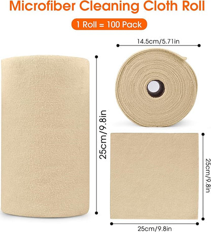 CHAUNCEY HOME Microfiber Cleaning Cloth Roll - 100 Pack Tear Away Microfiber Paper Towels, Reusable, Washable, Scratch-Free, Kitchen Towels for Car, Home, Kitchen, Glass, Dishes (Wheat Beige)
