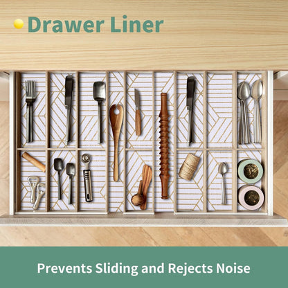 Shelf Liners for Kitchen Cabinets 17.5in x 30FT Non Adhesive Cabinet Liner Strong Non-Slip Thickened Gold Geometric Drawer Liner Easy to Clean for Shelf Cabinet with Knife and Tape Measure