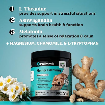 Natural Hemp Calming Chews for Dogs Maximum Strength - Hemp & Melatonin for Occasional Anxiousness - Calming Aid Supplement with Valerian Root - Stress, Separation & Thunder Support - (Duck 90 Ct)