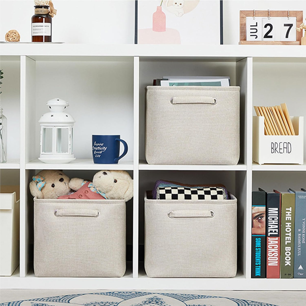 HNZIGE Large Fabric Storage Baskets for Storage 3 Pack Shelf Closet Storage Bins Baskets for Organizing Linen Cloth Decorative Baskets Organizers Home Nursery Toy Cream 15“ x 11” x 9“