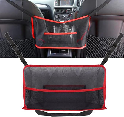 Car Storage Bag, Auto Net Pocket Handbag Holder, Driver Storage Netting Pouch for Document Phone Tissue Purse Storage, Organizer Mesh Bag Between Two Seats, Backseat Pets Barrier, Red