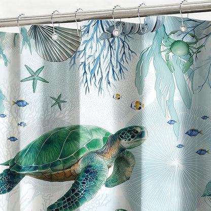 mutakin Green Sea Turtle Shower Curtain Teal Blue Coastal Shower Curtains for Bathroom Waterproof Fabric Bath Curtain Decor with Hooks