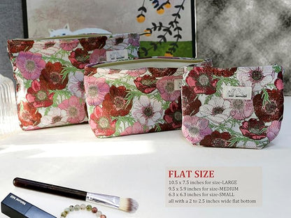 HAPPYHEIDI Makeup Bag Set 3 Cosmetic Toiletry Organizer Zipper Pouch for Purse Tote, Women Girls Gift, Large Medium Small, Red Floral Jacquard Polyester