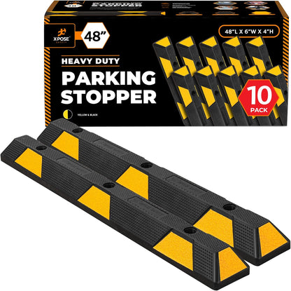 Xpose Safety 48" Heavy Duty Rubber Parking Stopper – 10 Pack Wheel Blocks for Garage, Driveway, or Ramp – Car Bumper Stop with Yellow Reflective Strips – Removable Floor Mount