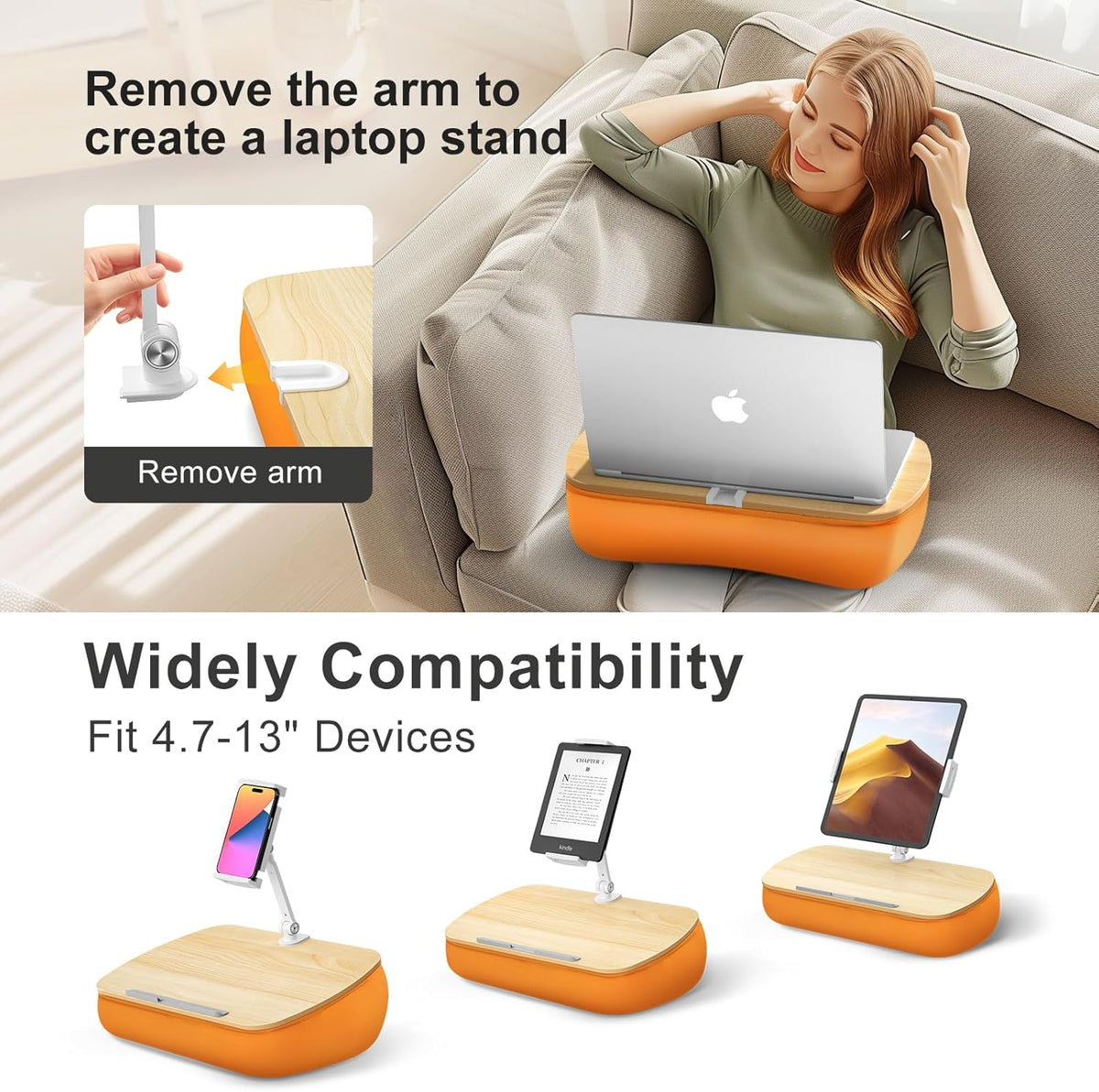 Cozy Kindle Pillow Stand with 360° Adjustable Tablet Holder, Wooden Panel, iPad Stand for Hands Free Reading in Bed, Couch, Sofa, Compatible with 4.7"-13" Kindle, iPad, Phone, up to 14"Laptop