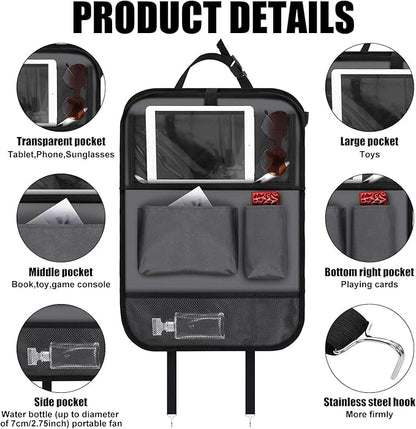 2 Pcs Backseat Car Organizers with Table Tray, 6 Storage Pockets Car Organizer with Tablet Holder, Kick Mats Protectors for Kids Travel Accessories Black, Unisex(Classic,Grey)