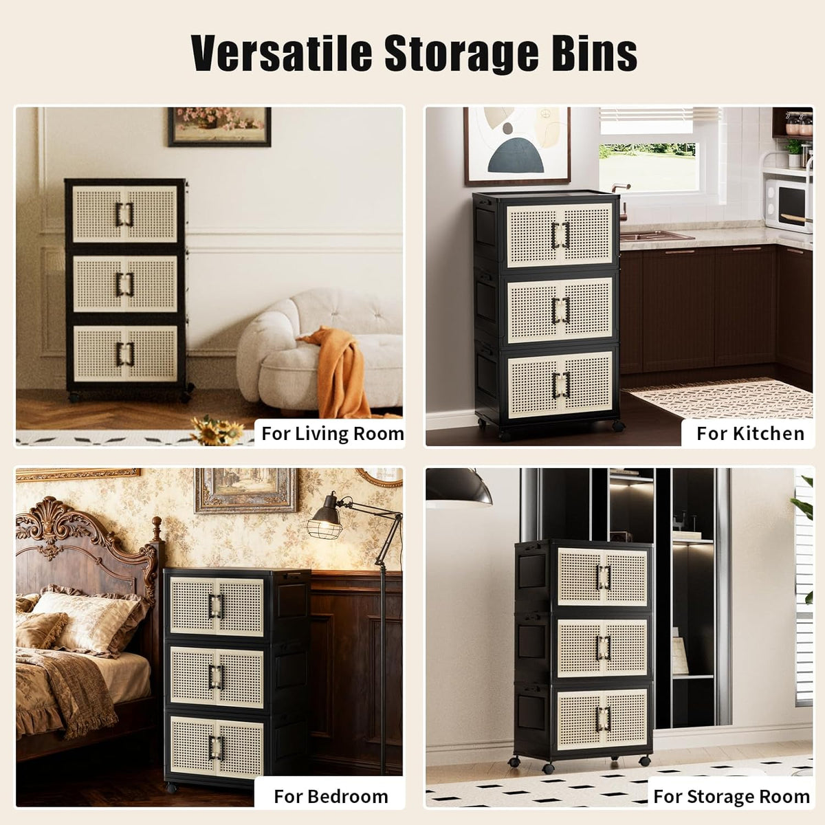 Stackable Storage Bins with Lids,Collapsible Plastic Storage Box Closet Organizers and Storage with Wheels and Magnetic Door for Home Office Dorm (5 Pack)