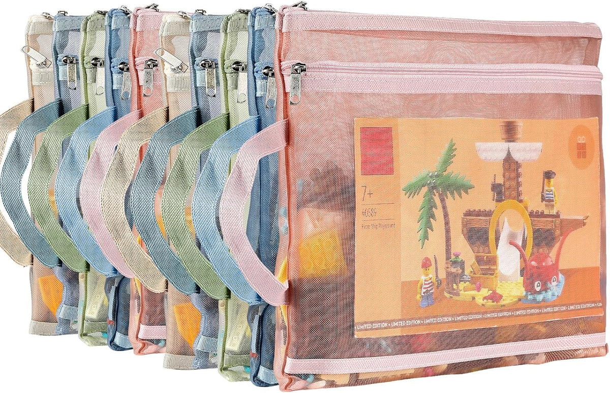 10 Pack Colored Mesh Zipper Pouch Bags, Double-Layer Nylon Puzzle Building Block Sets Toy Storage & Organization, Breathable See Through A4 Zipper Pouch with Handle for School Games