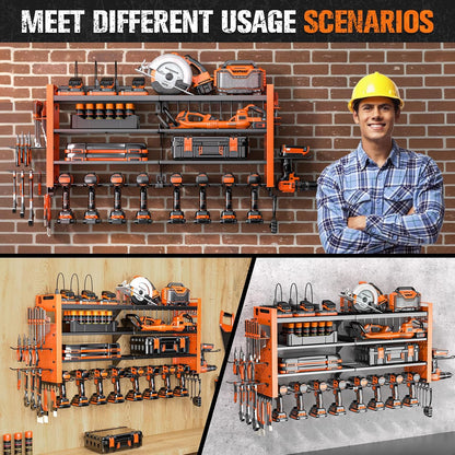 Heavy Duty Power Tool Organizer Wall Mount with Charging Station, Large Garage Organization with 10 cordless Drill Holder, 4 Layers Tool Organizers and Storage, Tool Rack with 6 Power Strip,Orange