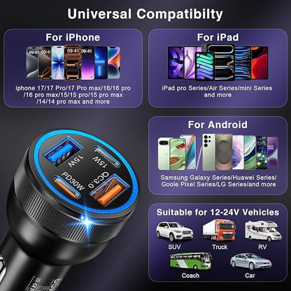 USB C Car Charger, 3 Pack 65W 4-Port Dual USBC & USB-A Car Charger Adapter Fast Charging Cigarette Lighter USB Charger Plug Cargador Carro Phone Accessories for iPhone 17 16 15 Pro Max, Galaxy S25
