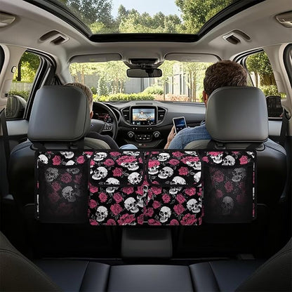 Skull Roses Car Trunk Organizer Bag Hanging Car Back Seat Storage Bag with 4 Pockets Auto Interior Accessories for SUV MPV Sedans Pickup Jeep Trucks