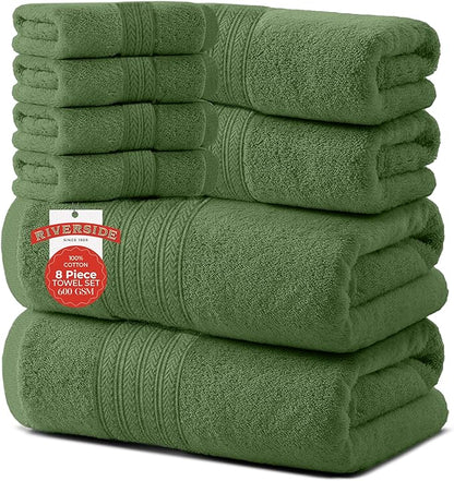 RIVERSIDE Pack of 8 Towels Set, 2 Large Bath, 2 Hand, 4 Face Washcloths, 100% Cotton Hotel Quality, Super Soft, Quick Dry, Highly Absorbent Perfect for Bathroom, Sage Green