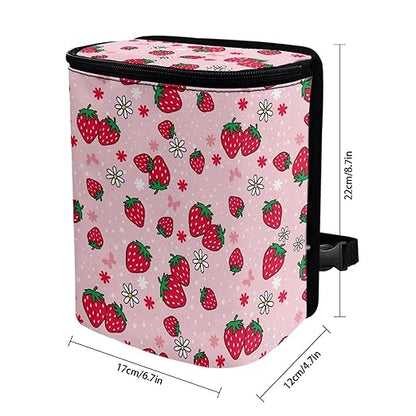 Pink Strawberry Car Trash Can with Lid Garage Bag Automotive Garbage Bin Reusable Auto Accessories Interior Car Organizer with Adjustable Straps