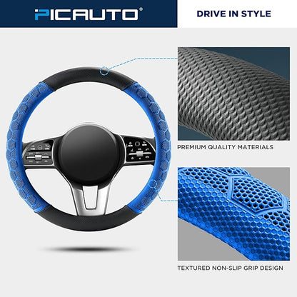 PIC AUTO Massage Steering Wheel Cover, Blue Football Pattern Material Spliced Leather Car Steering Wheel Protector, Car Interior Accessories, Universal Fit 14.5"-15.5" for Cars, Trucks, Van, SUV