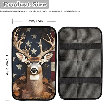 Suobstales Deer American Flag Leaves Print Car Armrest Pad Soft Center Console Arm Rest Protector Cover Universal Car Interior Accessories Decoration