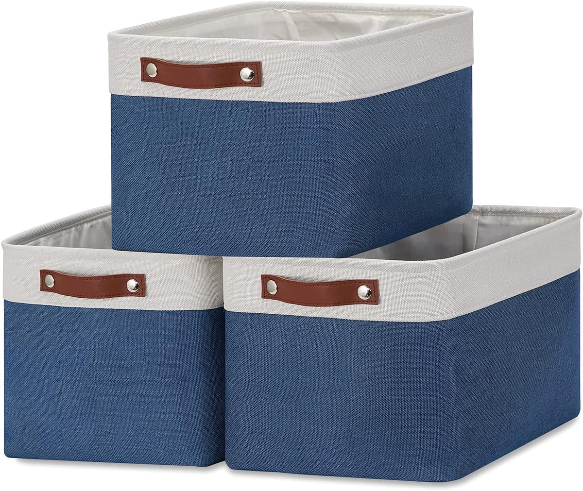 DULLEMELO Fabric Storage Bins, Foldable Storage Baskets for Organizing, Empty Gift Baskets (3-Pack Medium-15 inch X 11 inch X 9.5 inch , White&Blue)