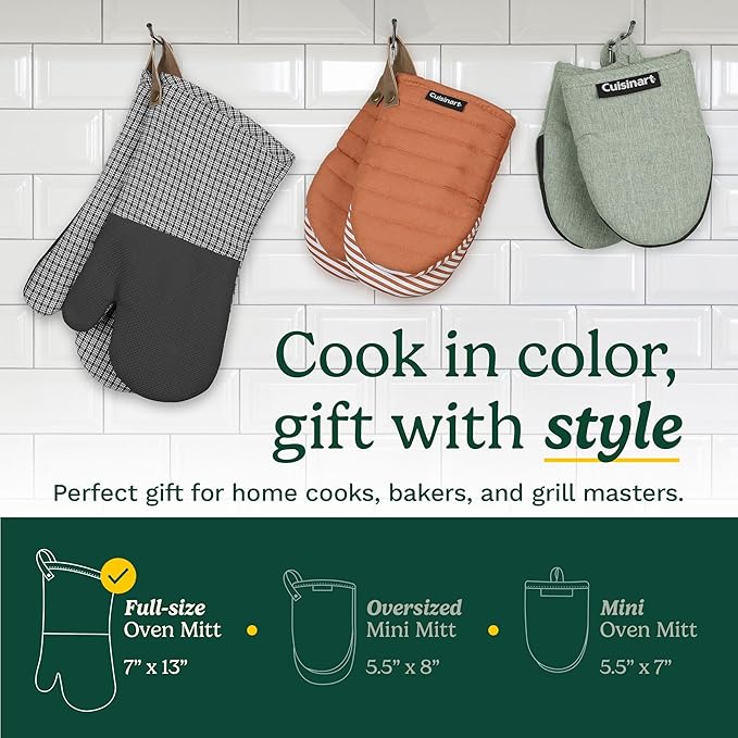 Cuisinart Heritage Kitchen Oven Mitts – Heat-Resistant Mitts for Oven with Non-Slip Neoprene Palm, Long Cuff, and Cotton Filling – Durable Oven Gloves for Cooking, Baking & Grilling (Denim Pinstripe)
