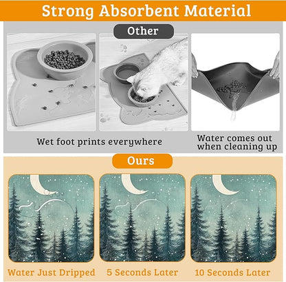 Pet Feeding Mat,Abstract Forest Absorbent Dog Cat Food Mat Moon Dog Mat with Rubber Backing,Non-Slip Water Bowl Placemat,Pet Supplies 16" x 24"