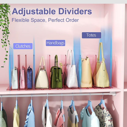 Purse Organizer for Closet: Shelf Dividers Adjustable Acrylic Bag Closet Organizers and Storage Pink 2 Bases 7 Shelves