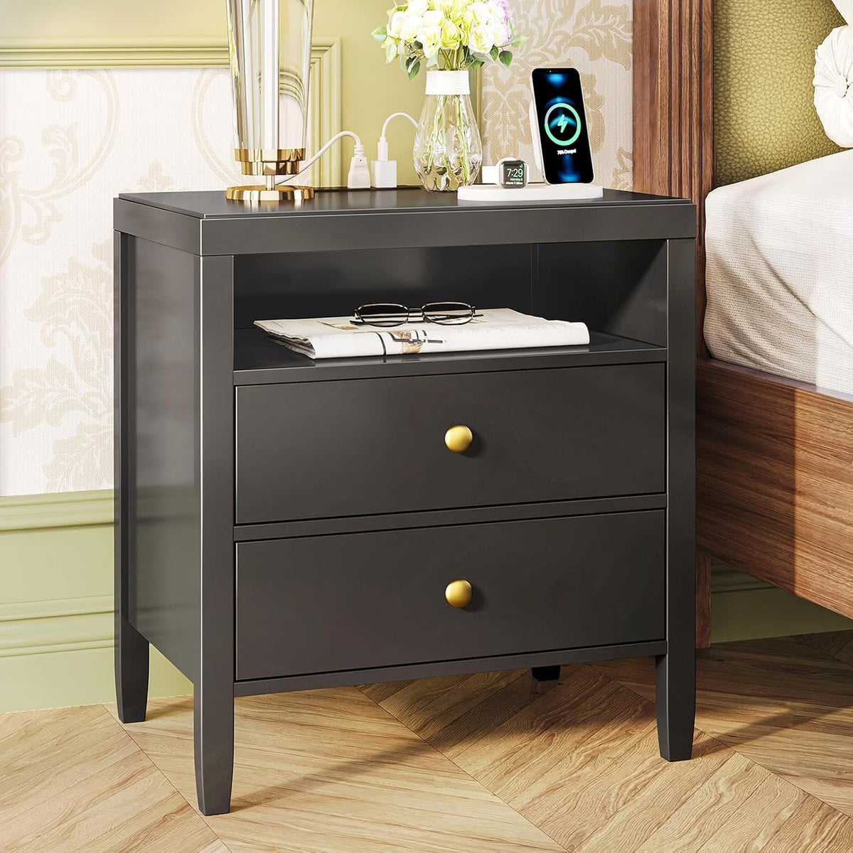 Huuger Nightstand with Charging Station, Black Nightstand with 2 Drawers, Bed Side Table for Bedroom, Bedside Table with Storage, Modern Nightstands, Metal Knobs, Painted Surface