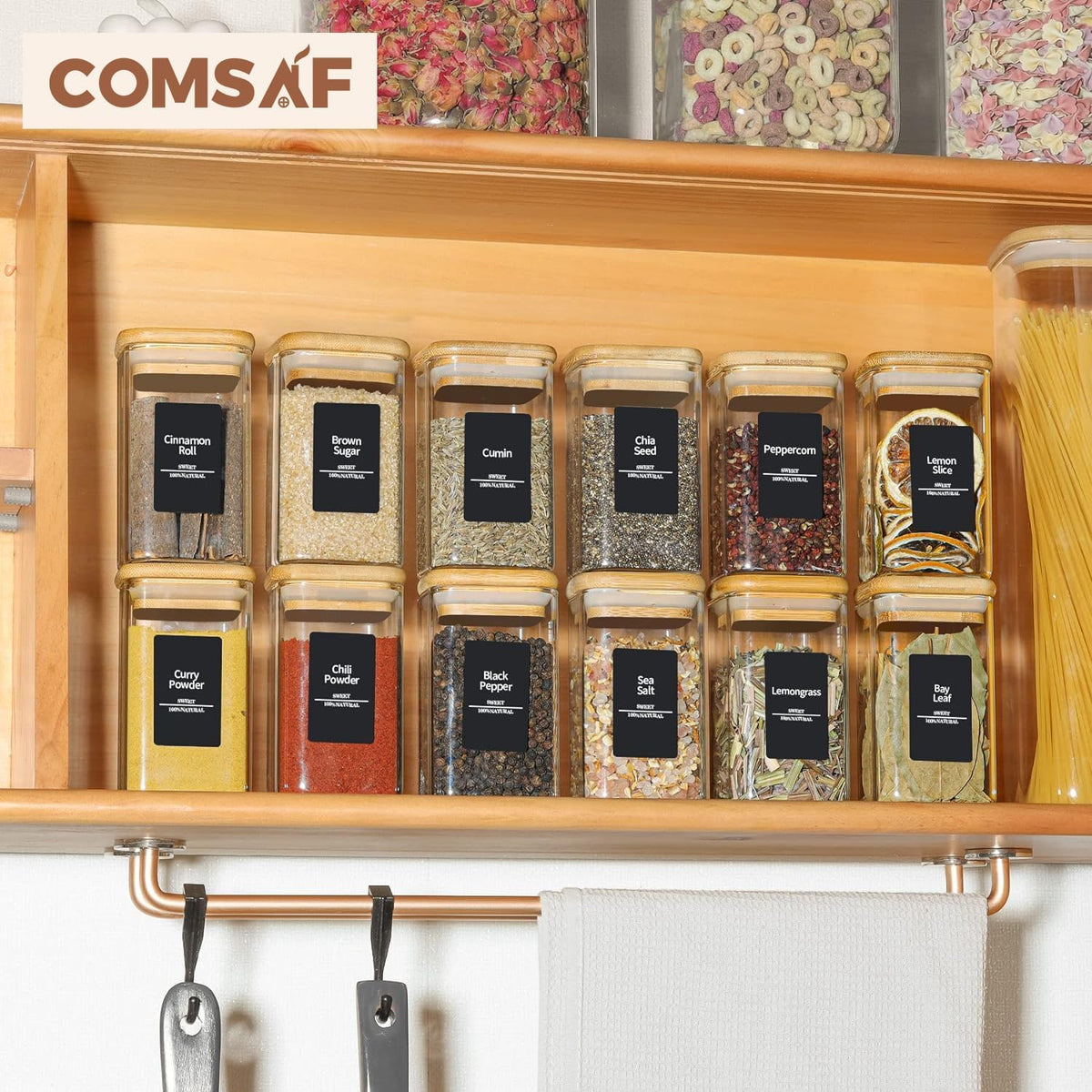 ComSaf 12Pcs Glass Spice Jars with Bamboo Lid, 8oz Airtight Square Containers with 275 Black Lables, Empty Seasoning Jars for Spice Salt Sugar