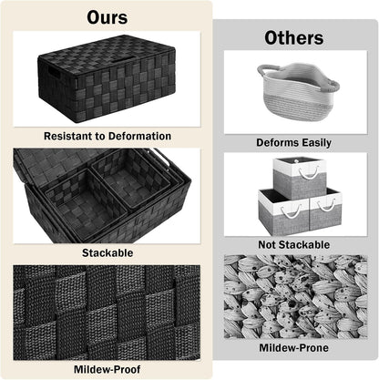 Storage Bins Baskets for Organizing with Lids, Storage Baskets for Shelves Stackable Woven Basket, Gift Small Basket Storage Cubes, Decorative Wicker Basket with Built-in Handles (5 Pack, Black)