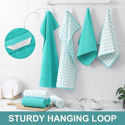 Homaxy Premium Cotton Kitchen Towels 16"x 28", Large Natural Ring Spun 390 GSM Dish Towels, Super Absorbent Terry Kitchen Hand Towels, Soft Tea Towels with Hanging Loop, Aqua Check Design, 12 Pack