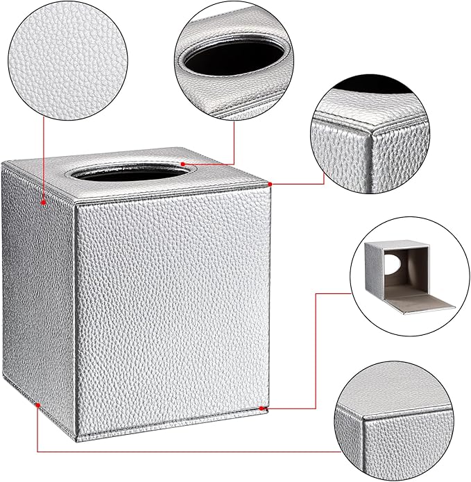 Sumnacon Tissue Box Cover Square Tissue Box Stylish PU Tissue Box Holder with Magnetic Bottom, Leather Cube Tissue Cover for Living Room Bathroom Bedroom Table Desk Home Office Car, Silver