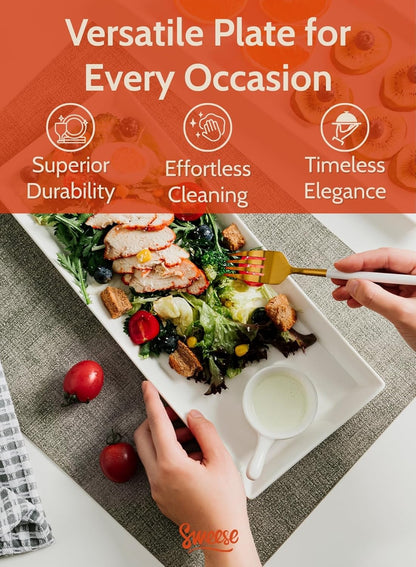 Sweese Rectangular Porcelain Platters, Serving Trays for Parties, 13.8 Inch Large Serving Dishes for Steak, Taco, Sushi, Appetizer, Cake - Dishwasher & Oven Safe - Set of 4, White