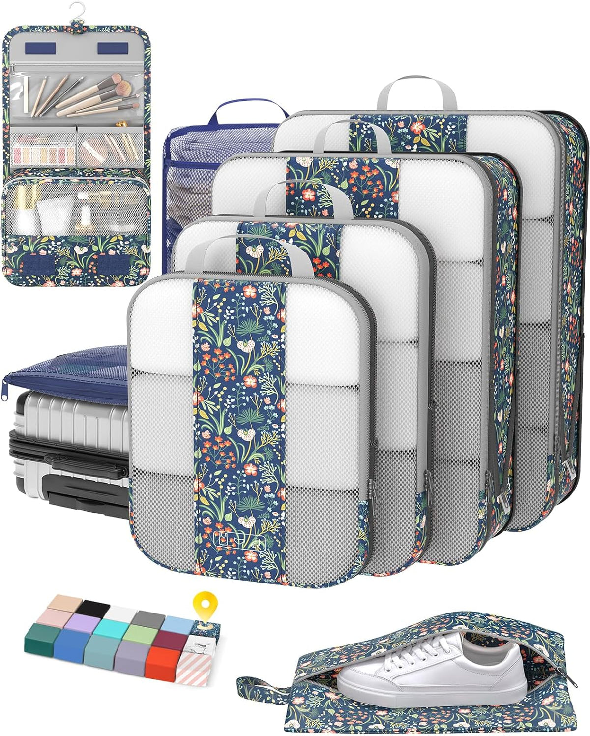 8 Set Compression Packing Cubes for Travel Essentials,Compressible Expandable Packing Cubes for Suitcase,OlarHike Luggage Organizer Bags for Travel(Dark Blue Floral)