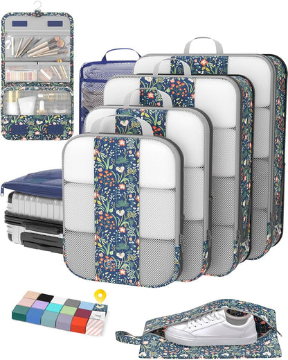 8 Set Compression Packing Cubes for Travel Essentials,Compressible Expandable Packing Cubes for Suitcase,OlarHike Luggage Organizer Bags for Travel(Dark Blue Floral)