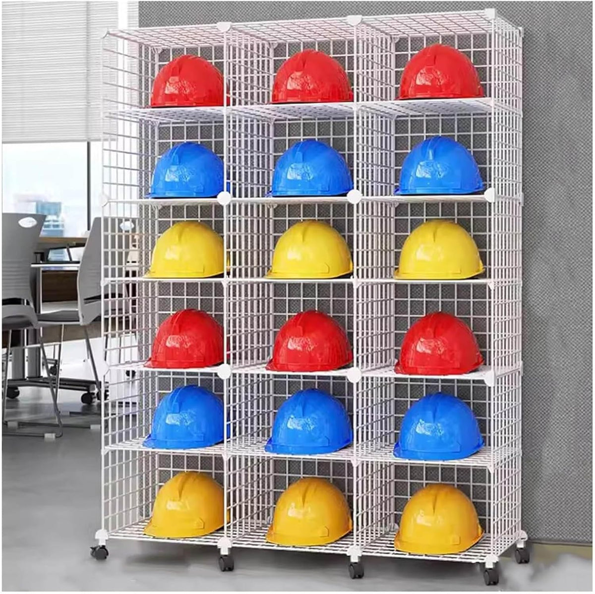 Stackable Safety Helmet Storage Boxes, Large Adjustable Hard Hat Placement Organizer Rack,with Wheels,for Construction Site/Garage/Workshop/Factory Helmet Display Shelf (White, 18 Grids-3 * 6)