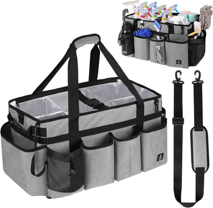 Extra large Cleaning Caddy Bag Built-in Sturdy Support Board, Cleaning Organizer with Detachable Divider, Cleaning Supply Tote with Adjustable Shoulder Strap (Grey, 19'' x 11'' x 11'')