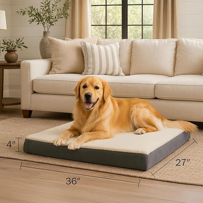 Orthopedic Dog Bed - 2-Layer 36x27-Inch Memory Foam Pet Mattress with Machine-Washable Sherpa Cover for Large Dogs up to 65lbs by PETMAKER (Gray)