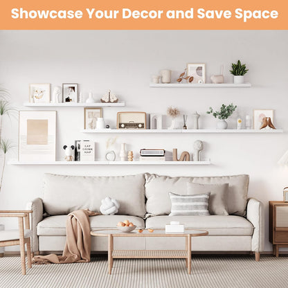 upsimples Floating Shelves for Wall, 47.3 Inch Shelves for Decor Storage Set of 6, Wall Mounted Wood Shelf for Bedroom, Living Room, Bathroom, Kitchen, Long Picture Ledge Shelves, White