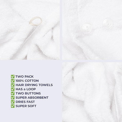 American Soft Linen 100% Cotton Hair Towels for Women, Head Towel Cap, Cotton Hair Turban Towel Wrap for Long Curly Anti Frizz Hair, Soft and Absorbent Cotton Hair Towels 2 Pack, White