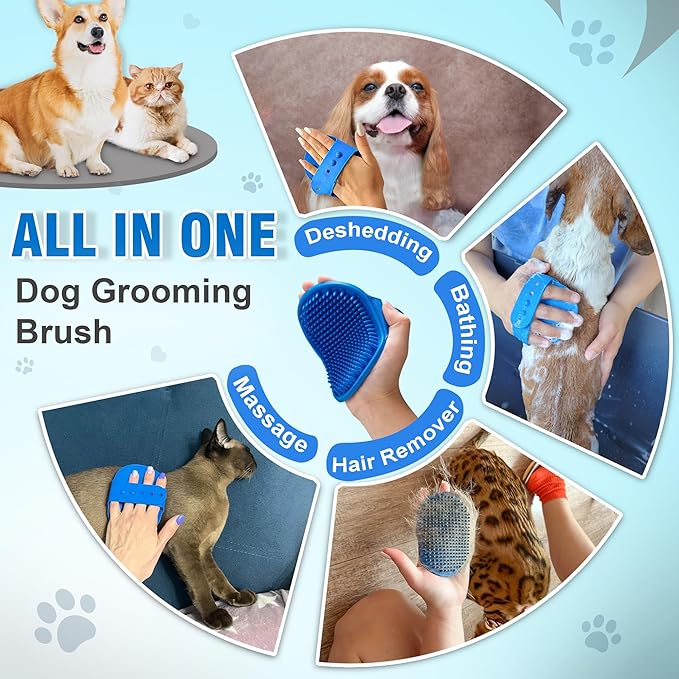 Dog Bath Brush, Premium Rubber Dog Shampoo Brush with Adjustable Ring Handle, Soothing Massage Comb for Long and Short Haired Dogs & Cats