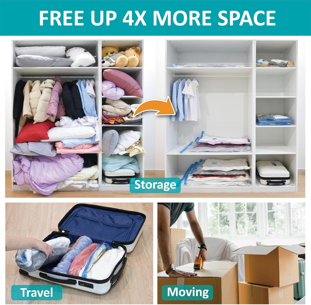 35 Pack Space Saver Bags (5 Jumbo/6 Large/6 Medium/6 Small/6 Roll-M/6 Roll-S) Compression Storage Bags for Comforters and Blankets, Vacuum Sealer Bags for Clothes Storage, Hand Pump Included