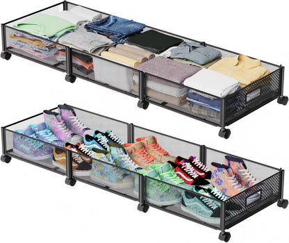 Under Bed Storage with Wheels 47.2"(L)/57.6L Large Rolling Under Bed Storage, Metal Underbed Containers on Wheels, Tool-Free Assembly Foldable Metal Underbed Drawers for Shoes Clothes Toys