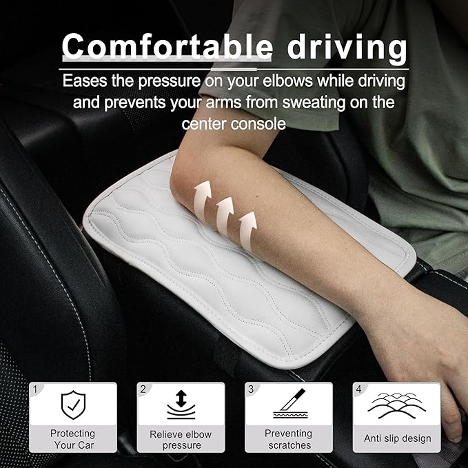 Amiss Auto Center Console Pad, Universal Waterproof Car Armrest Seat Box Cover, Car Interior Accessories, Leather Auto Armrest Cover Protector for Most Vehicle, SUV, Truck, Car (White)