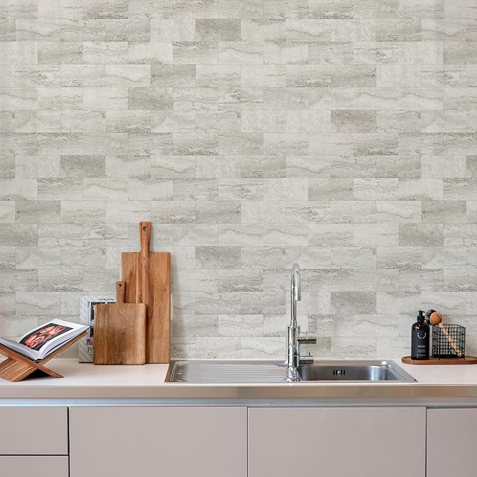 Vamos Tile 100-Piece Matt Beige Mixed Grey Slate Peel and Stick Backsplash
