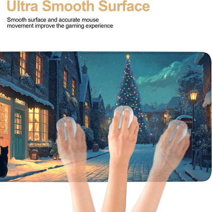 Large Extended Gaming Mouse Pad - Winter Christmas Night Scene, Soft Fabric Desk Mat with Non-Slip Rubber Base, Extra Long Mousepad for Gaming, Office, Keyboard & Mouse, 35.43 x 15.75 in