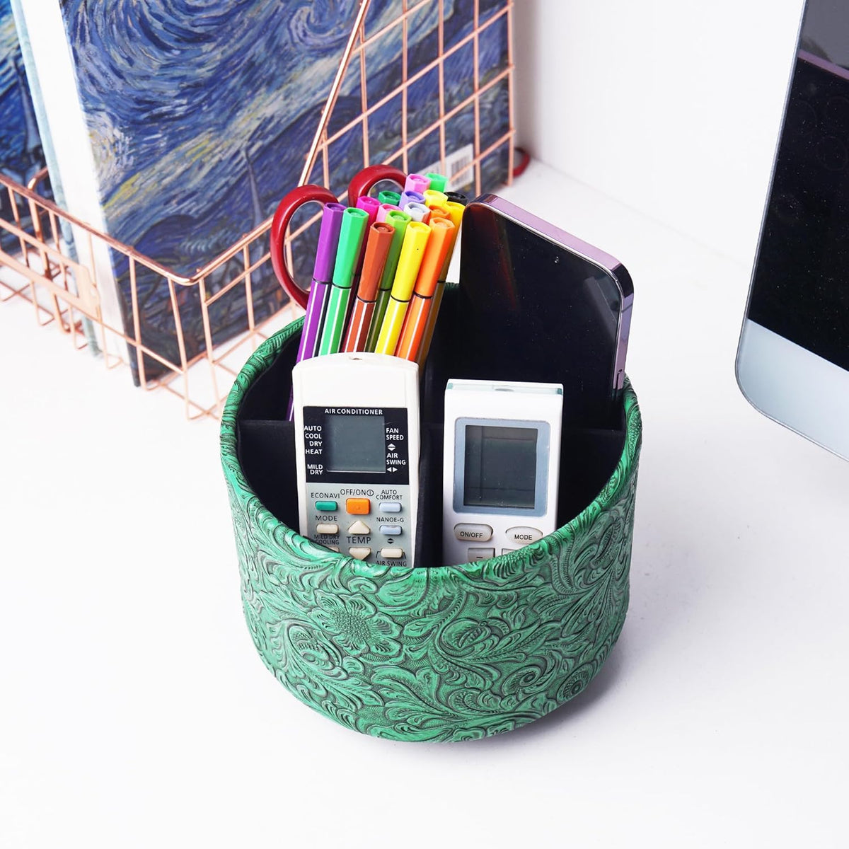 lizimandu Round Leather Art Supply Organizer,Remote Control Holder,360 Degree Spinning,Multi-Functional Pencil Holder,4 Compartments Desktop Stationary Organizer(1-Carved Green)