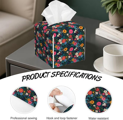 Colorful Flowers Tissue Box Holder,Cube Tissue Box Cover Holder,Leather Facial Paper Organizer Dispenser Home for Bedroom Night Stands,Kitchen,Office and Car,5.2"×5.2"×5.2"